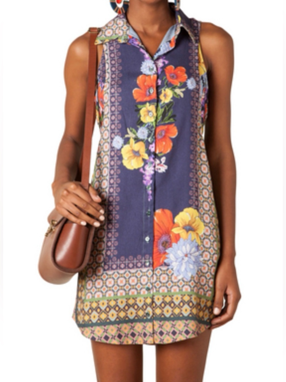 Farm Rio Sleeveless Navy Multicolor Floral Button-Front Mini Dress - Size XS/S?